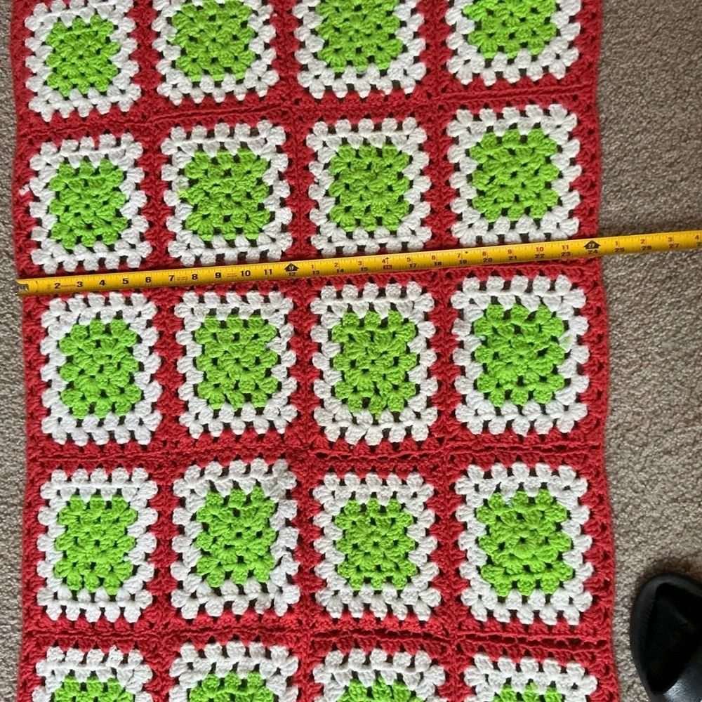 Handmade Crochet Granny Square Table Runner Placemat Set Red Green White‎ Boho